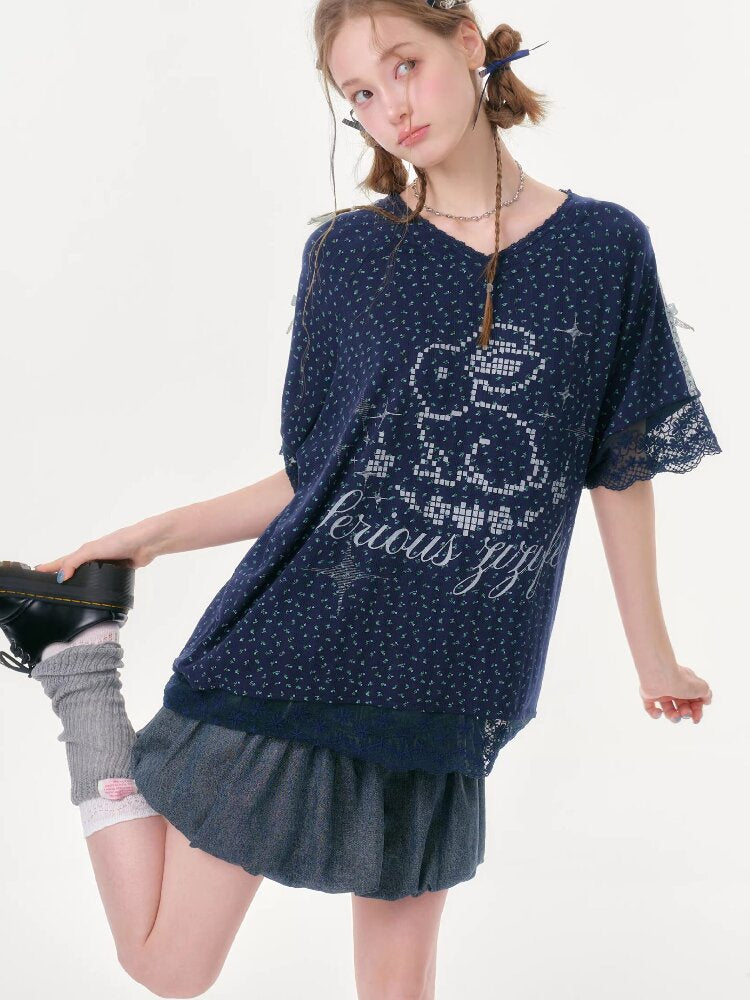 Dark Blue Rabbit Floral Lace T-Shirt【s0000016602】