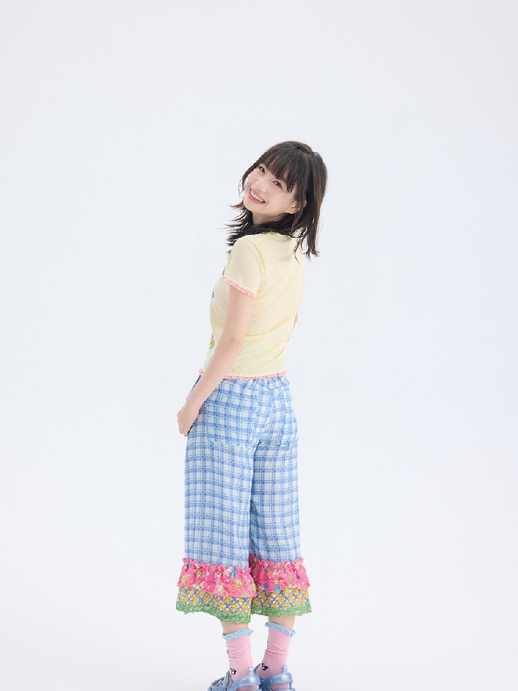 Plaid Patchwork Lace Cropped Pants【s0000017697】