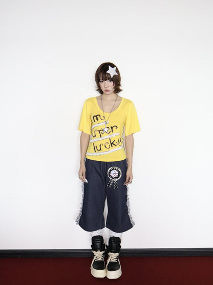 Lucky Slogan Lace Print U-Neck Top【s0000018686】