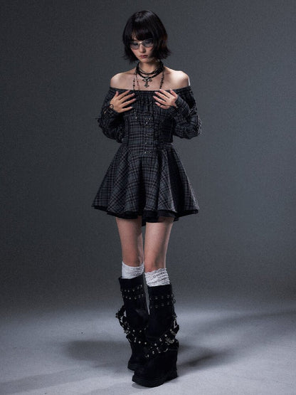 Vintage Plaid Off-Shoulder Dress【s0000018002】