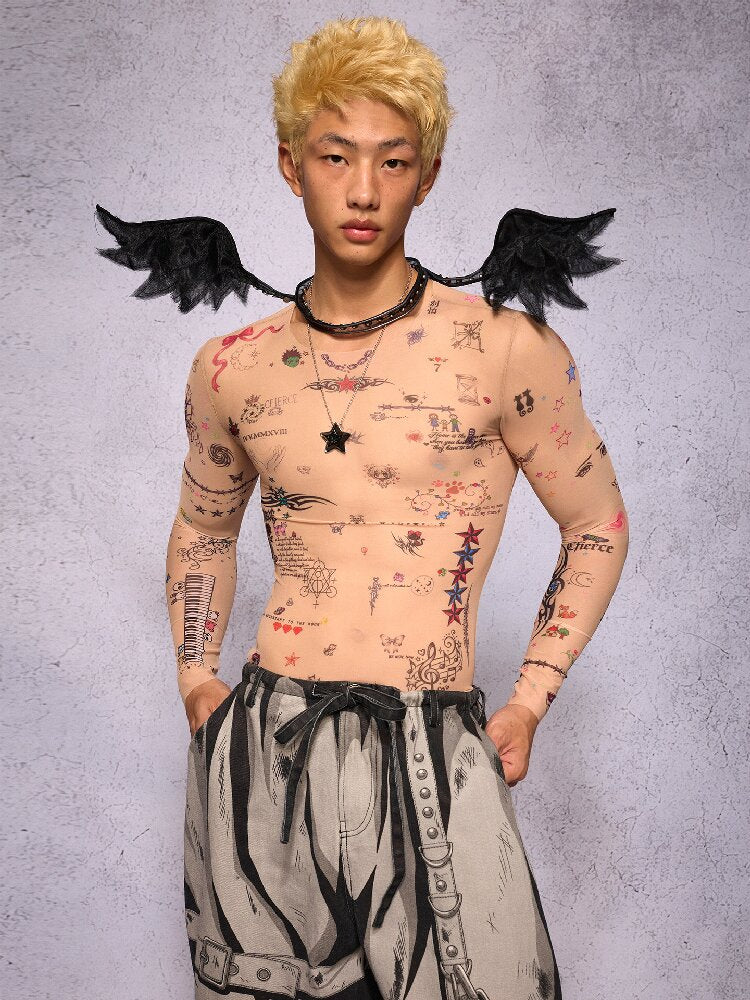 Manuscript Tattoo Print Long Sleeve Top【s0000018741】