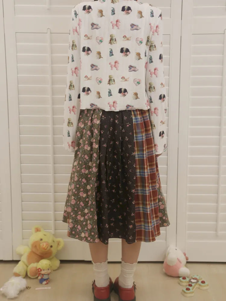 Plaid Floral Patchwork Pleated Skirt 【s0000013972】