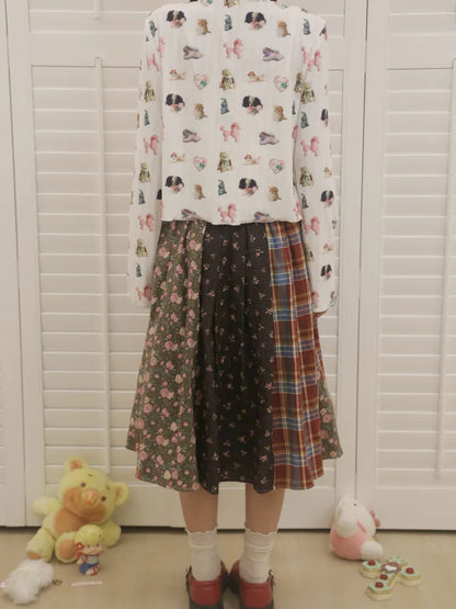 Plaid Floral Patchwork Pleated Skirt 【s0000013972】