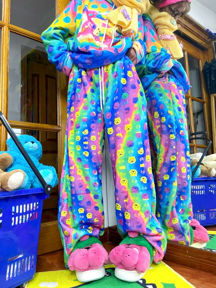 Y2K Cat Print Loose Fleece Trousers【s0000014637】