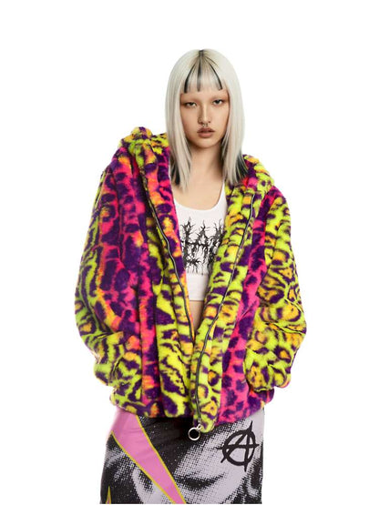 Fluorescent Neon Leopard Print Fur Hooded Jacket【s0000014912】