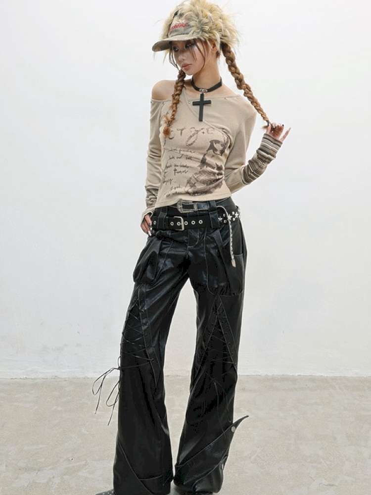 Strap Double Waist Leather Pants【s0000014834】