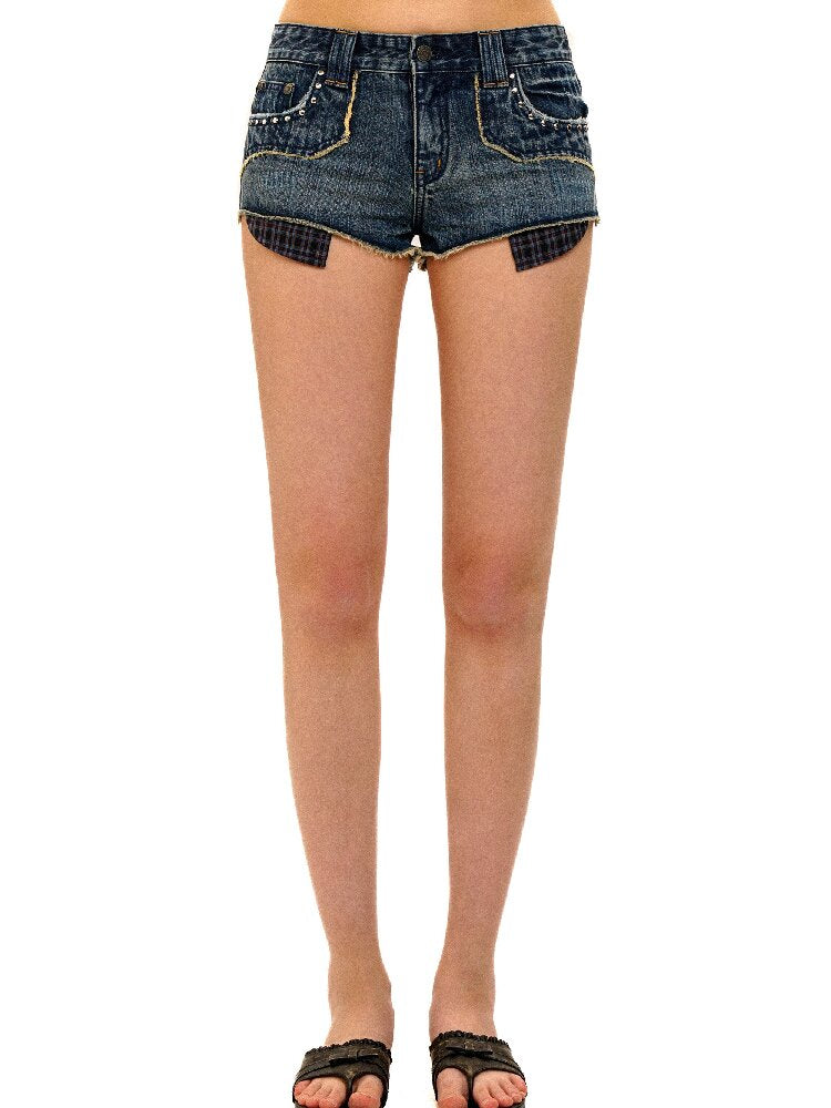 Riveted Plaid Fabric Denim Shorts【s0000017427】