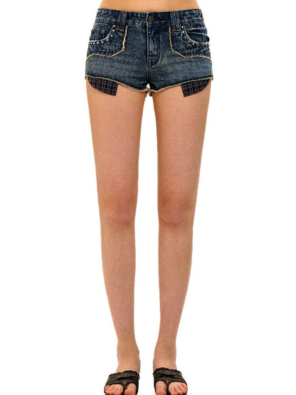 Riveted Plaid Fabric Denim Shorts【s0000017427】
