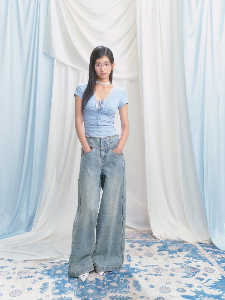 Wide-leg broken holes micro-laundry jeans【s0000012140】