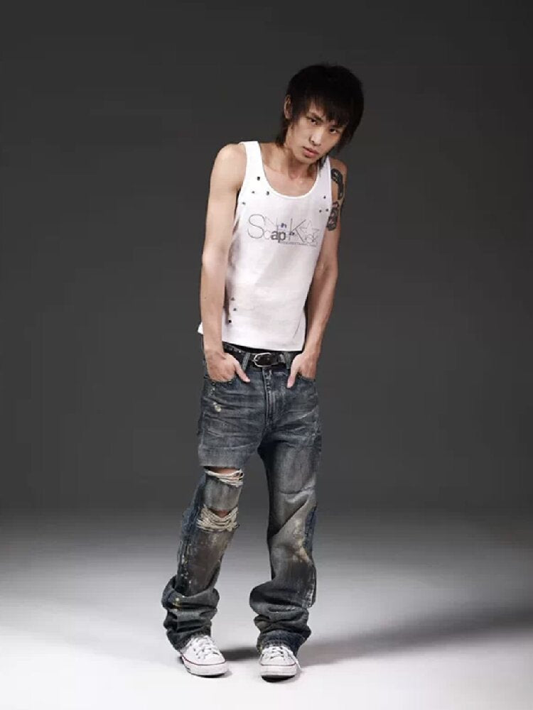 Rust Blue Oil Stained Flared Jeans【s0000018299】