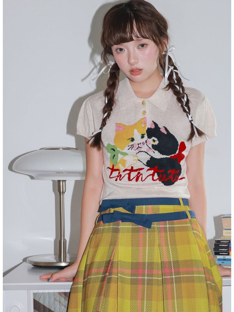 Two-Tone Kitten Knit Short-Sleeve Polo Shirt【s0000013925】