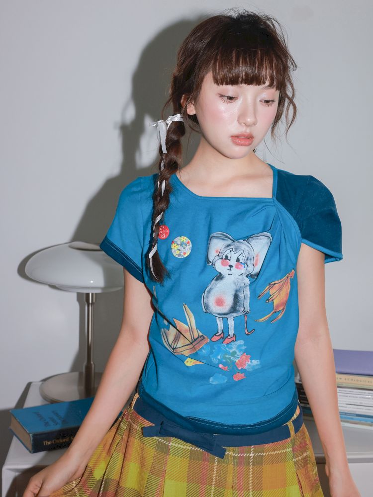 Blue Mouse Knot Design T-Shirt【s0000013923】