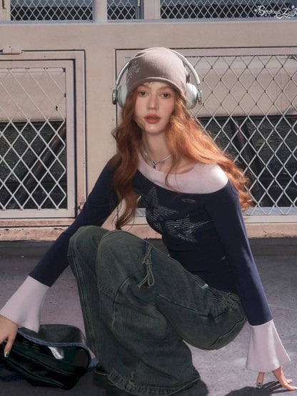 Star Print Dark Blue Long Sleeve T-Shirt【s0000014361】