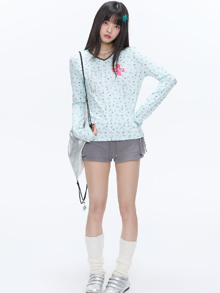 Full Print V Neck Long Sleeve Top【s0000016406】