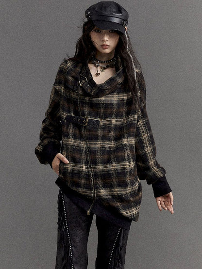 LOOSE PLAID ASYMMETRICAL SWEATER JACKET [S0000010326]