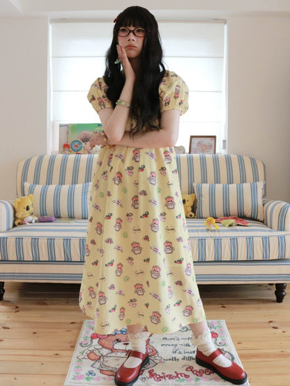 Bear Print Puff Sleeve Long Dress【s0000017512】