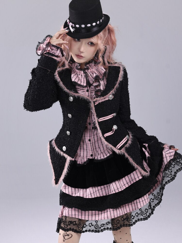 Pink Black Check Bow Flared Shirt【s0000016221】