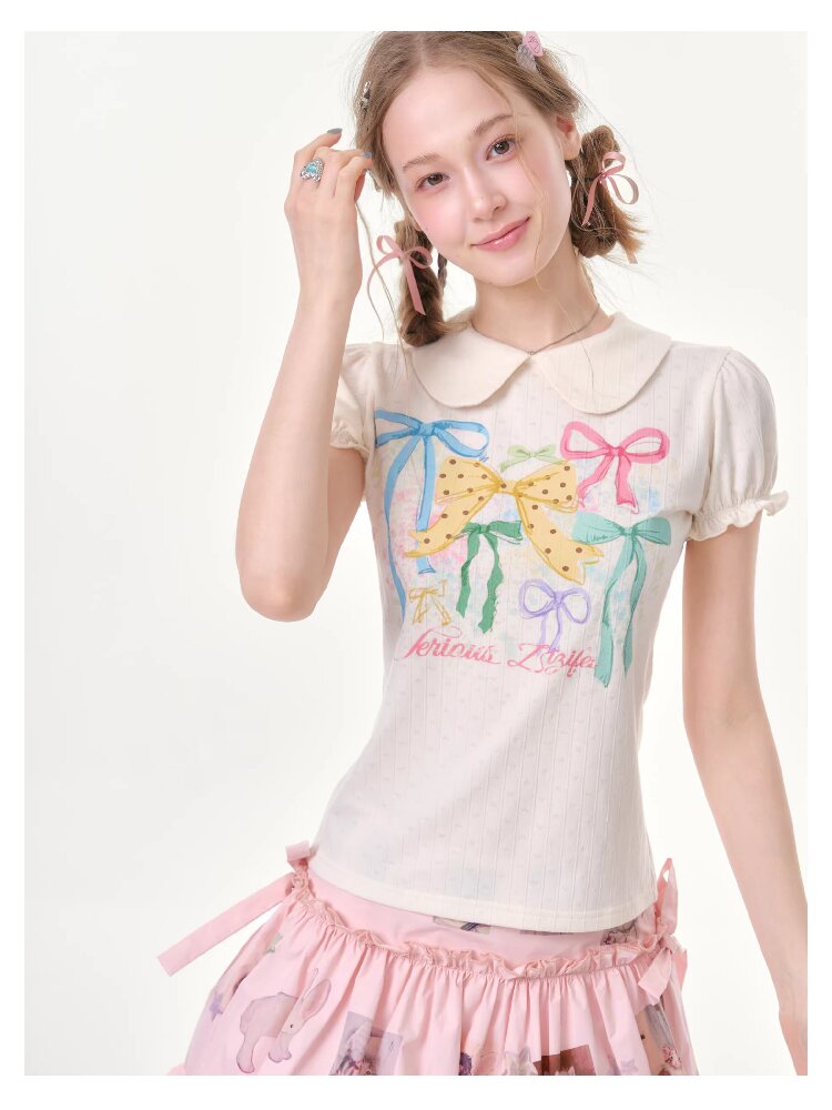 Puff Sleeve Bow Print T-Shirt【s0000016617】