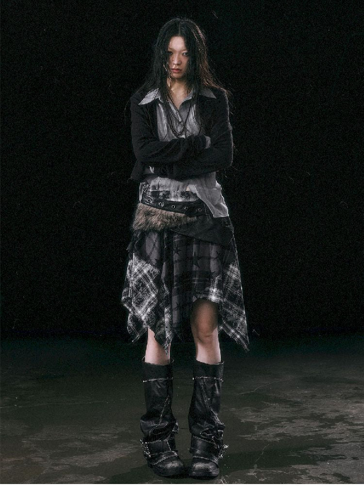 Star Plaid IRREGULAR RAW EDGE HALF SKIRT [S0000010750]