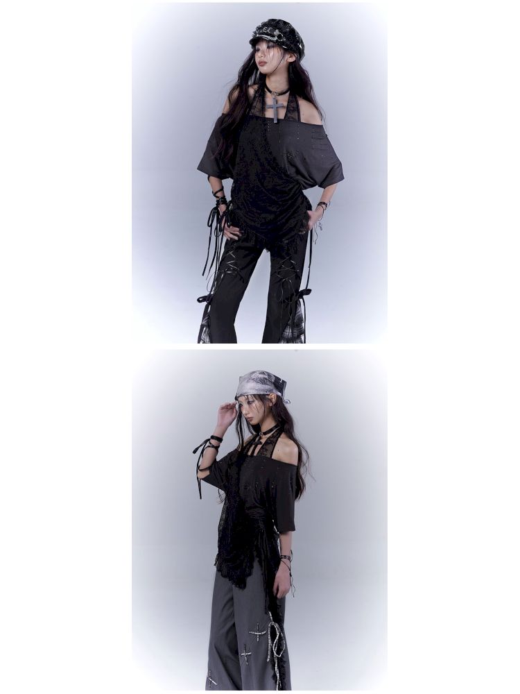 Lazy style rhinestone black T-shirt【s0000012844】