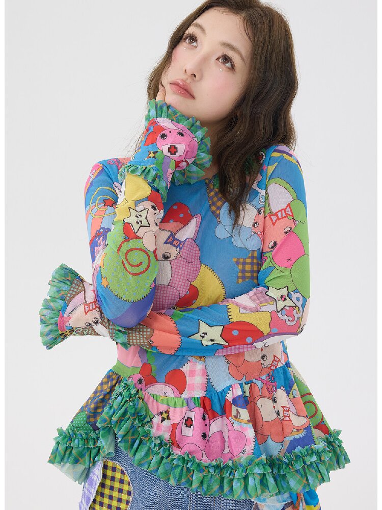 Two Color Cartoon Mesh Lace Top【s0000016197】