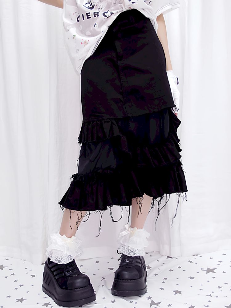 Tattered Black Denim Skirt【s0000013884】