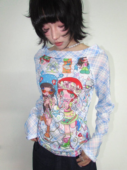 Check Stretch Mesh Long Sleeve Top【s0000018654】
