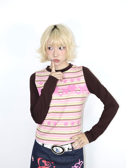 Old Asian Print Striped Elastic Top【s0000018672】