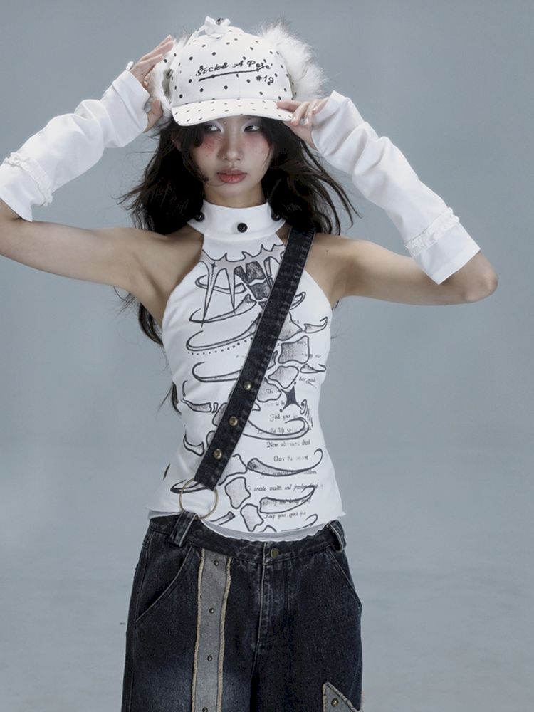 White Skinny Neck Tank Top【s0000013487】