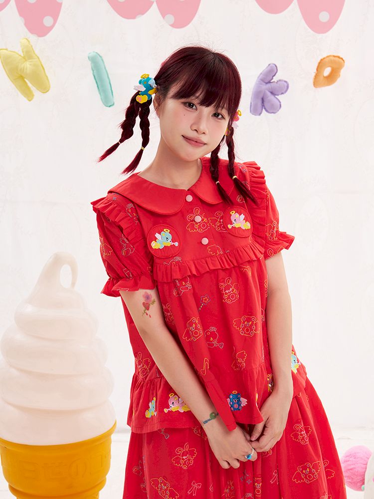 Animal angel heavy embroidery red doll shirt【s0000013184】
