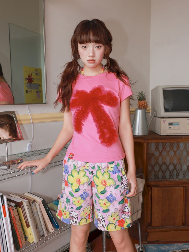 Two-tone mesh bow T-shirt【s0000012828】