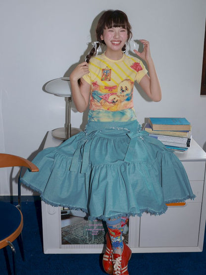 Bow Fringe Patchwork Denim Skirt【s0000013928】