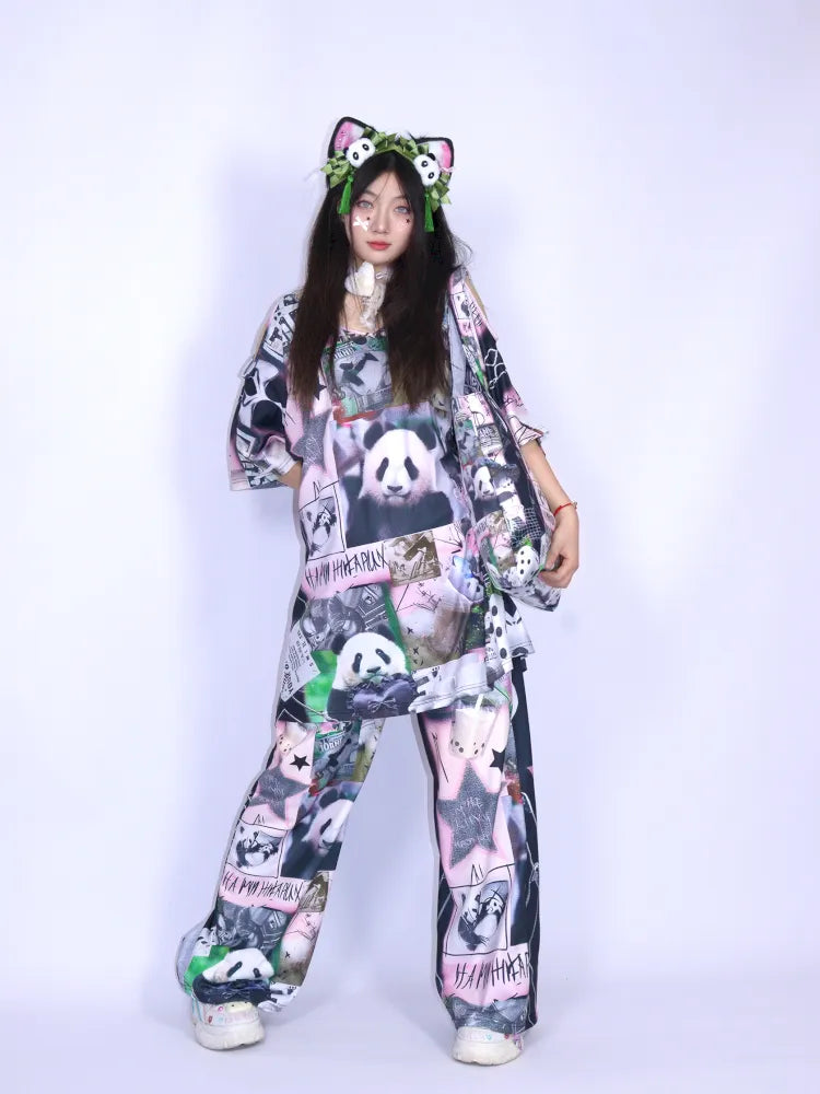 Panda Patchwork Print Off-Shoulder T-Shirt【s0000013979】