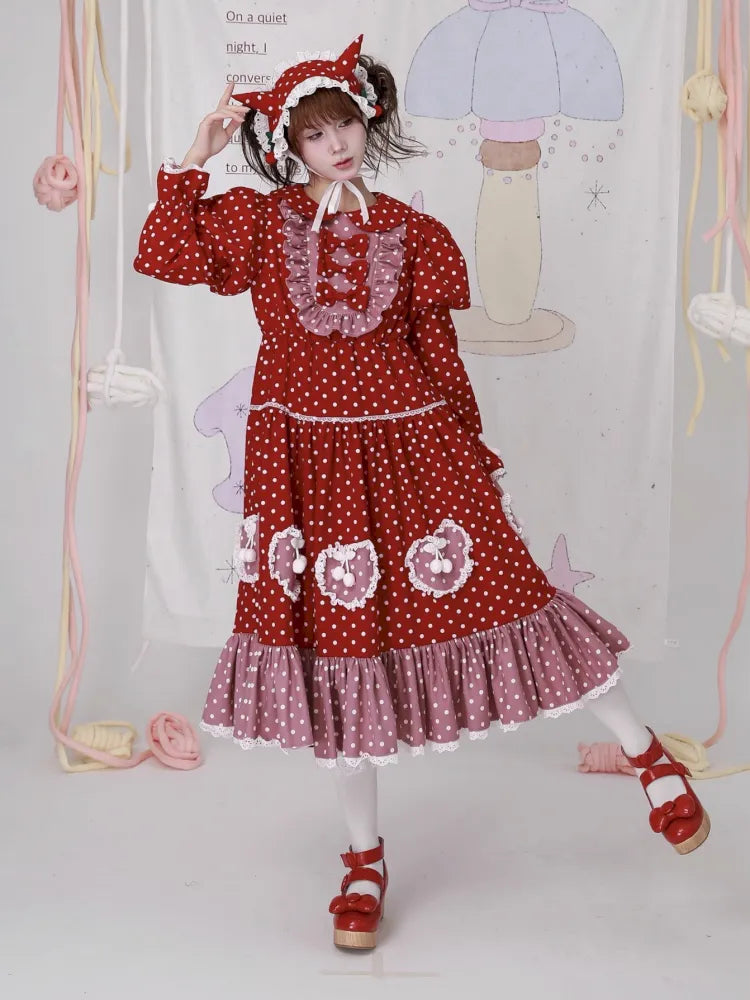 Lolita old-fashioned red polka dot niche dress【s0000014109】