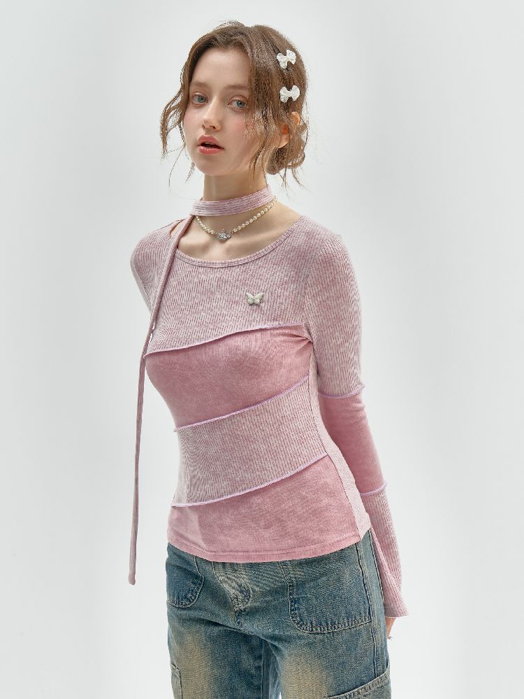 Splicing Collar Long Sleeve T-Shirt【s0000011518】