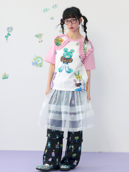 Candy Print Frilly Lace Cotton T-Shirt [S0000009539]