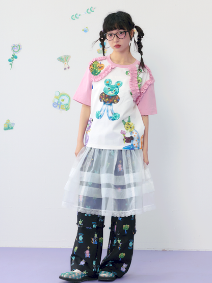 Candy print frilly lace cotton T-shirt【s0000009539】