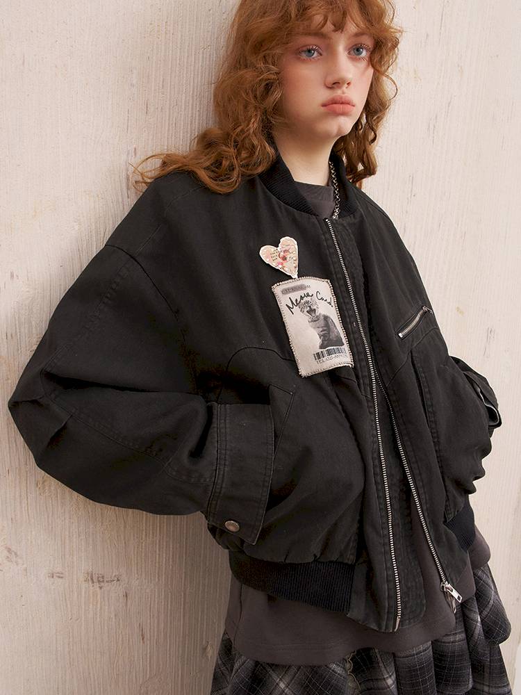 Kitten badge washed flight jacket【s0000014383】