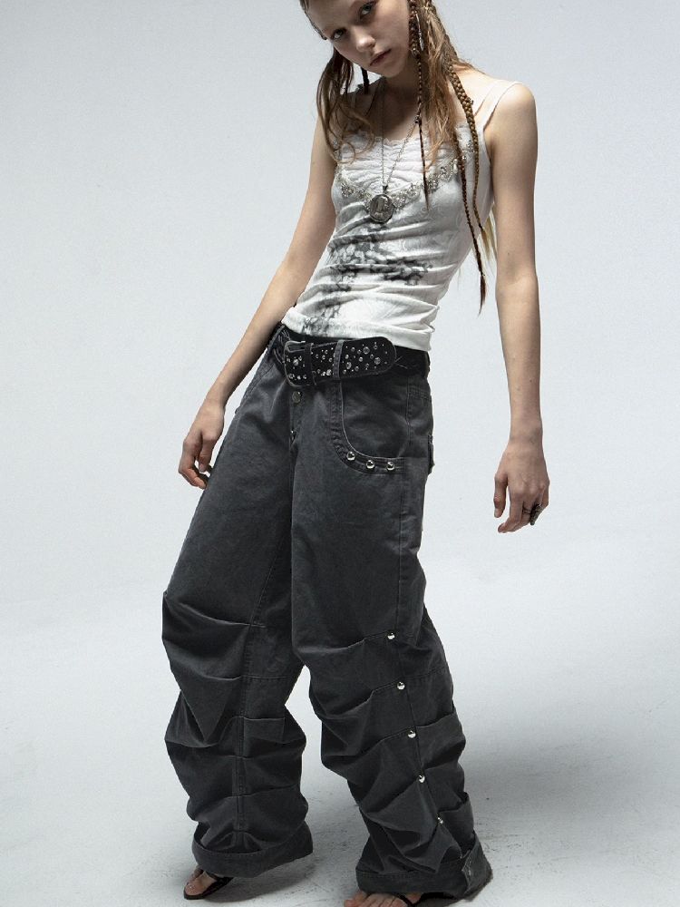 Pleated Studded Washed Cotton Trousers【s0000012211】