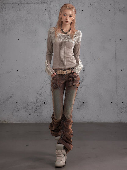 Distressed Pleated Low Rise Jeans【s0000019152】