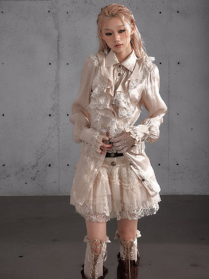 Ruffled Lace Satin Silk Shirt【s0000019157】