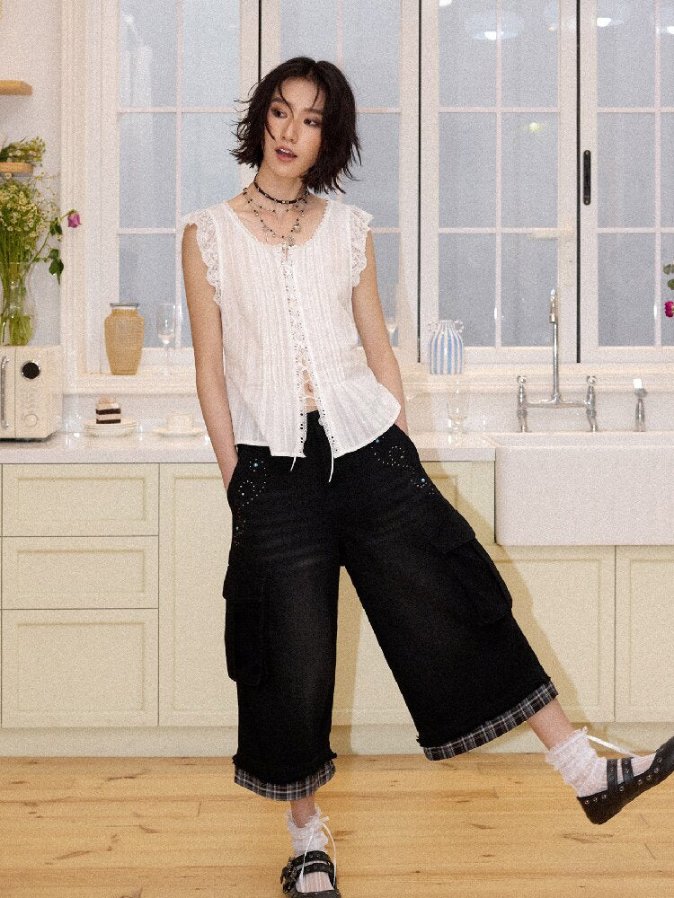 Spliced Plaid Diamond Wide Jeans【s0000016659】