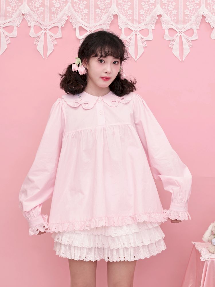 Doll Collar Zipper Neck Pink Lace Blouse【s0000013492】
