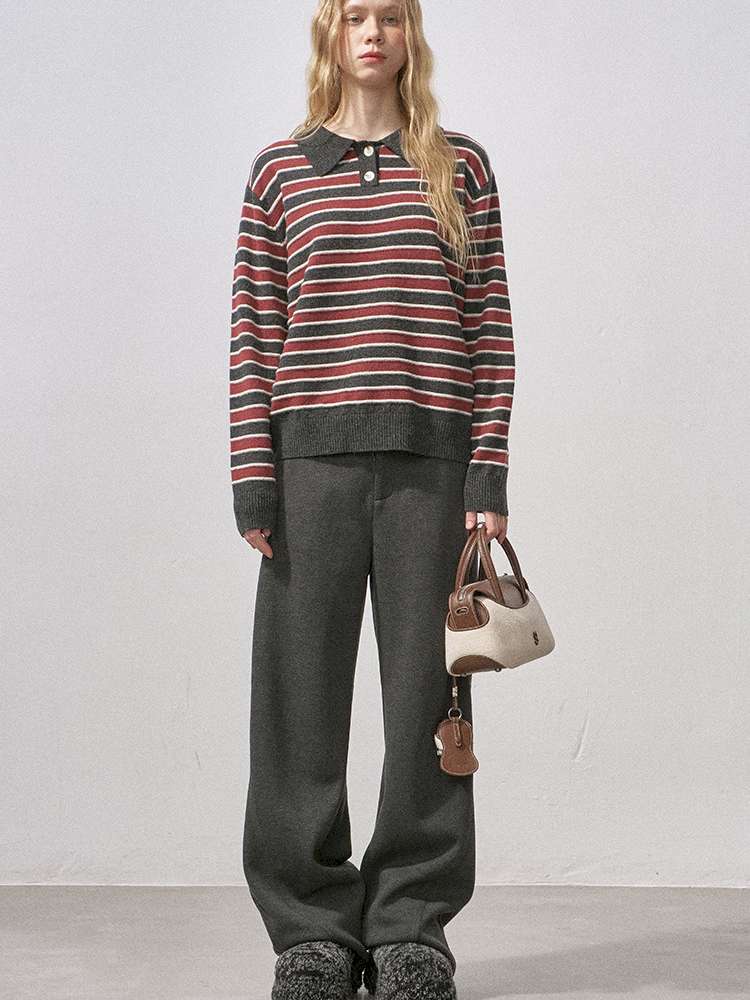 Cotton Wool Striped Polo Pullover【s0000015233】