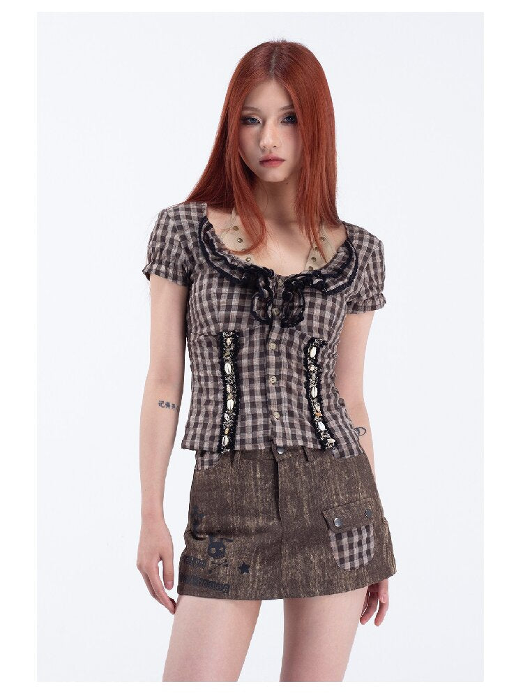 Cute Skull Denim Check Culottes【s0000018046】