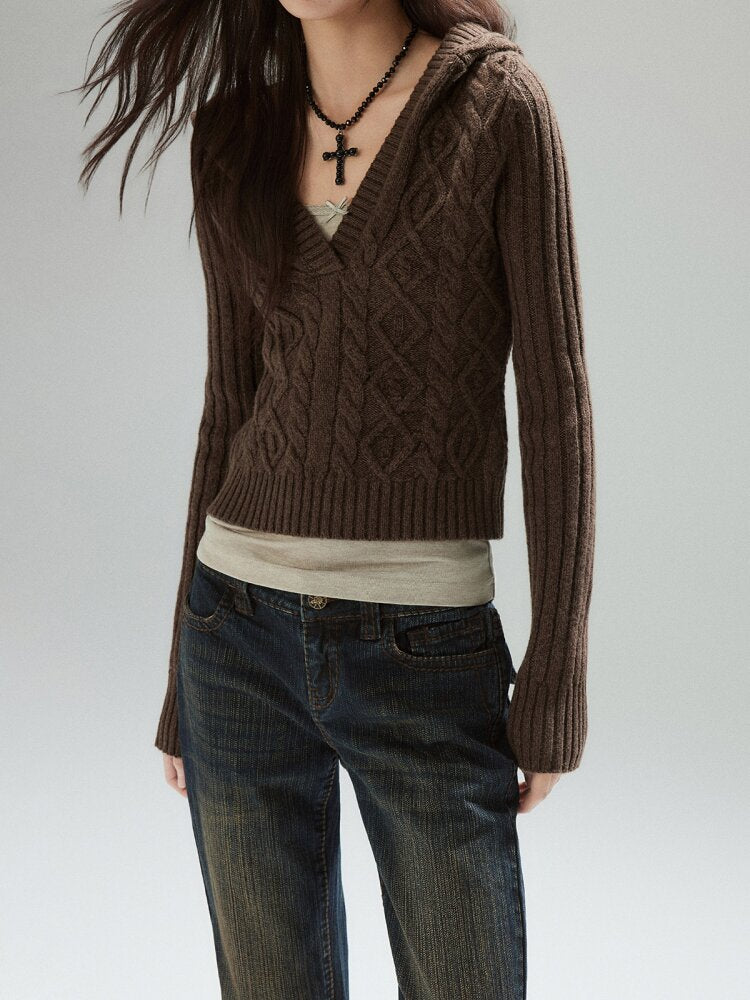 Coffee V-Neck Cropped Wool Sweater【s0000015597】