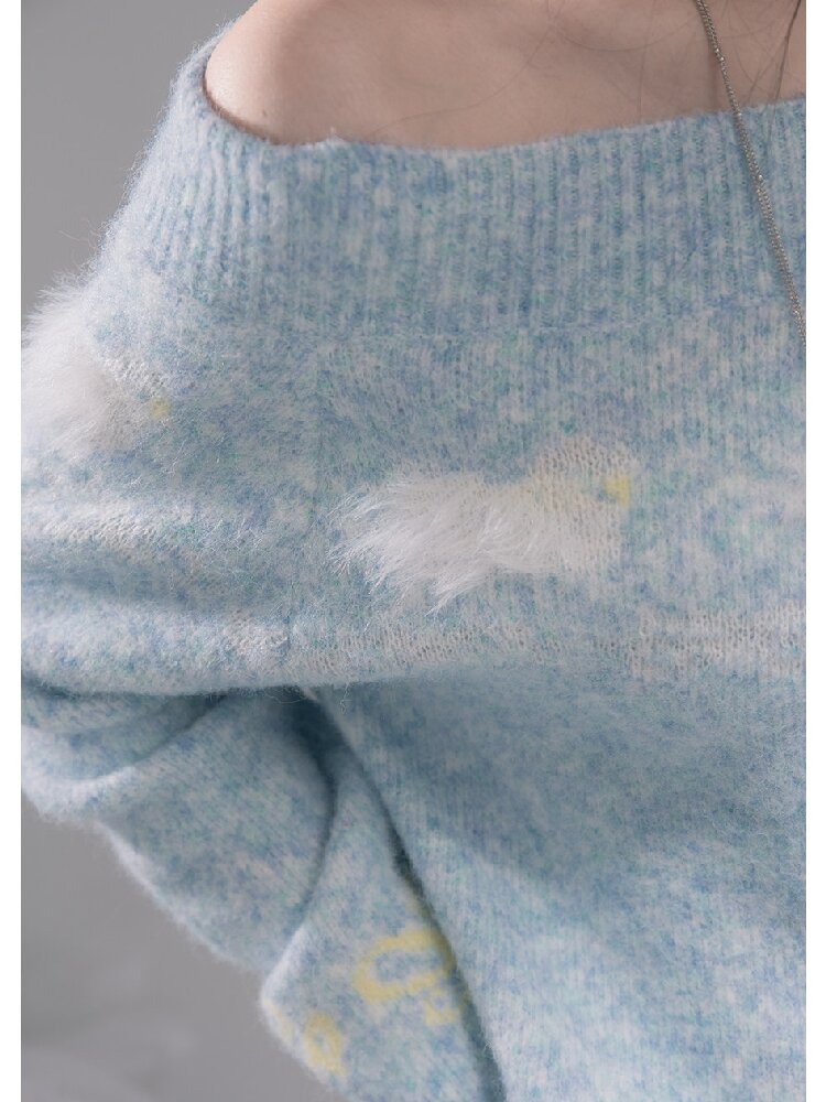 Blue One-Shoulder Jacquard Sweater【s0000015736】