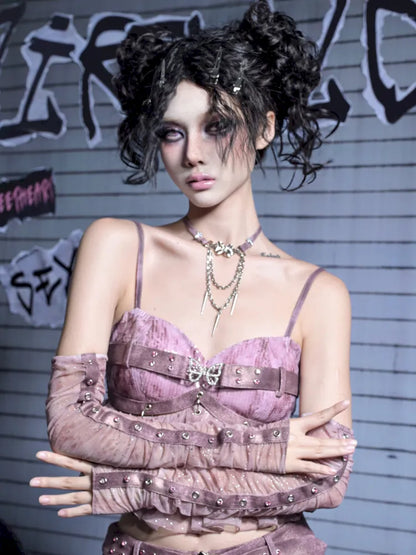 Mesh Nail Rhinestone Pleated Long Sleeve Sleeves【s0000014021】