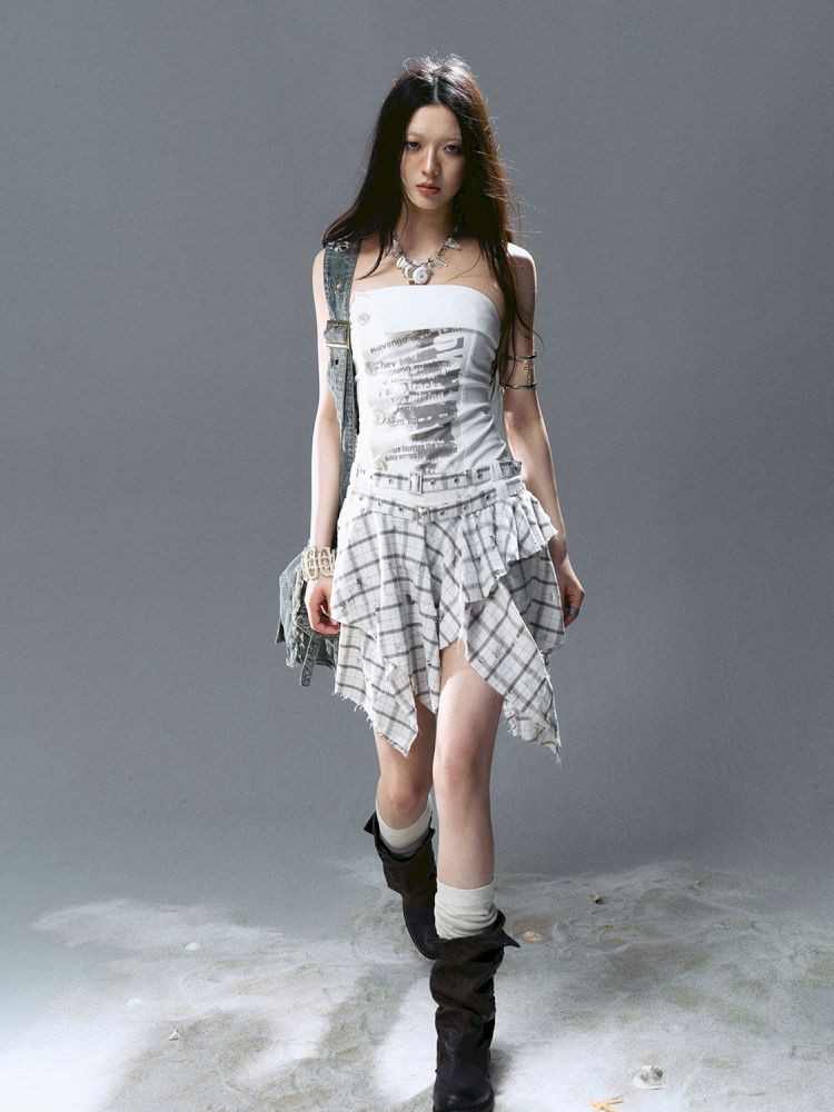 Asymmetrical patchwork plaid strapless dress【s0000012808】