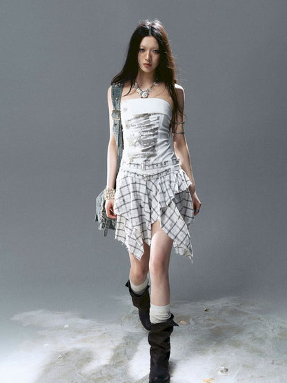 Asymmetrical patchwork plaid strapless dress【s0000012808】